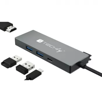 Techly IUSB32C-HUB4HPD stacja dokująca/replikator portów do laptopa Przewodowa USB 3.2 Gen 2 (3.1 Gen 2) Typ-C Szary