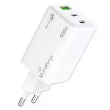 Ładowarka do urządzeń mobilnych MediaRange MRMA123 — Szybka ładowarka sieciowa AC do laptopa, smartfona, tabletu, 100–240 V, 2× USB-C, maks. 20 V, biała