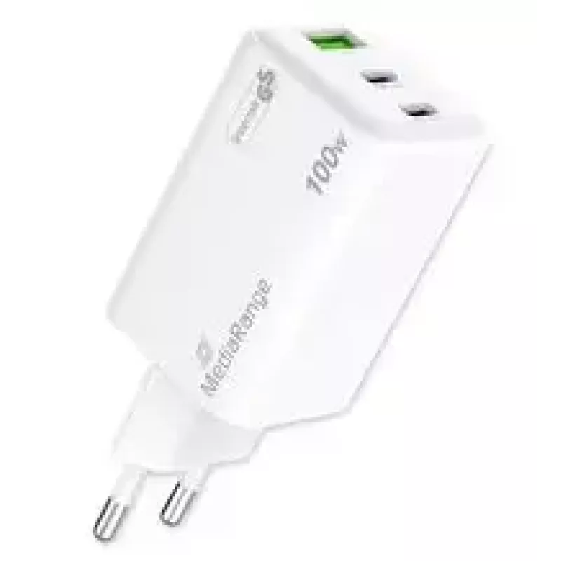 Ładowarka do urządzeń mobilnych MediaRange MRMA123 — Szybka ładowarka sieciowa AC do laptopa, smartfona, tabletu, 100–240 V, 2× USB-C, maks. 20 V, biała
