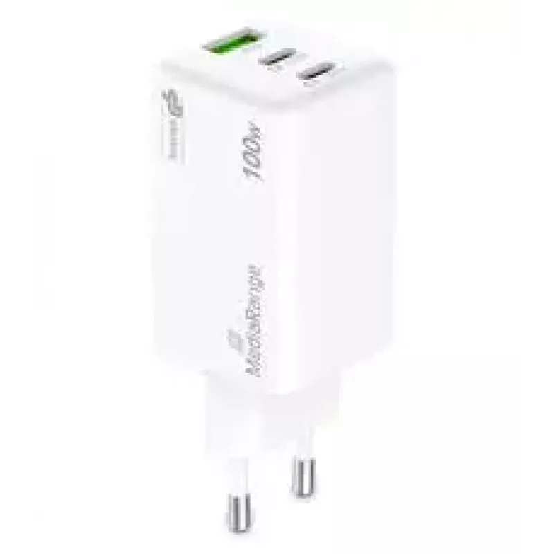 Ładowarka do urządzeń mobilnych MediaRange MRMA123 — Szybka ładowarka sieciowa AC do laptopa, smartfona, tabletu, 100–240 V, 2× USB-C, maks. 20 V, biała