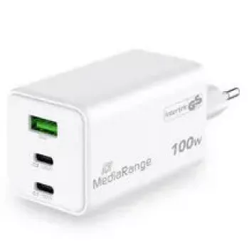 Ładowarka do urządzeń mobilnych MediaRange MRMA123 — Szybka ładowarka sieciowa AC do laptopa, smartfona, tabletu, 100–240 V, 2× USB-C, maks. 20 V, biała
