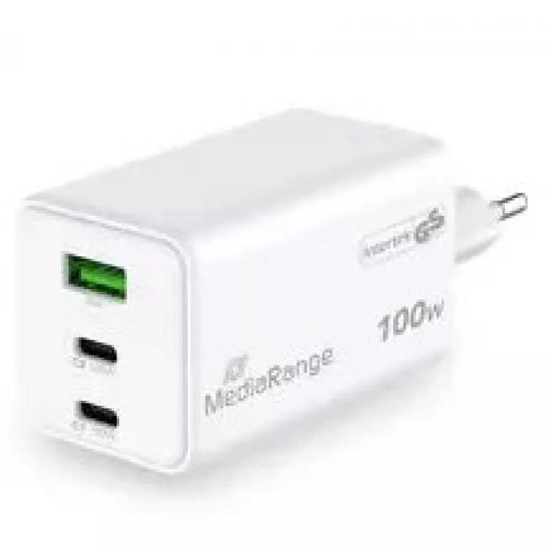 Ładowarka do urządzeń mobilnych MediaRange MRMA123 — Szybka ładowarka sieciowa AC do laptopa, smartfona, tabletu, 100–240 V, 2× USB-C, maks. 20 V, biała