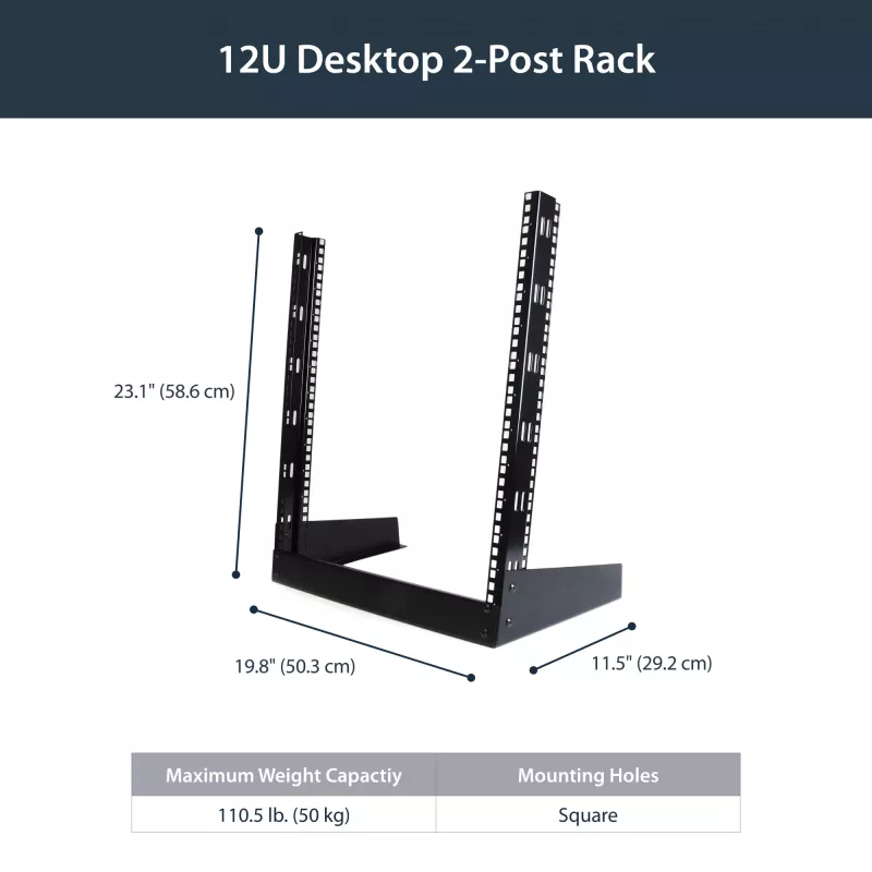 StarTech.com 2-Post 12U Desktop Server Rack, Small Open Frame 19in Computer Rack, Compact sieciowy Rack for AV / Studio / Data / IT Equipment - Free Standing Two-Post Home/Office Rack