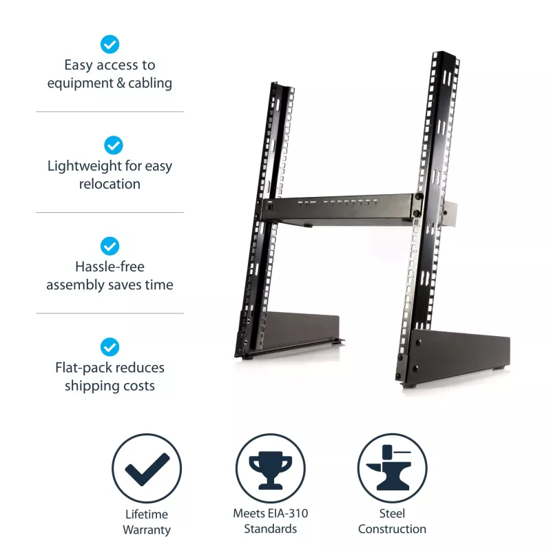 StarTech.com 2-Post 12U Desktop Server Rack, Small Open Frame 19in Computer Rack, Compact sieciowy Rack for AV / Studio / Data / IT Equipment - Free Standing Two-Post Home/Office Rack
