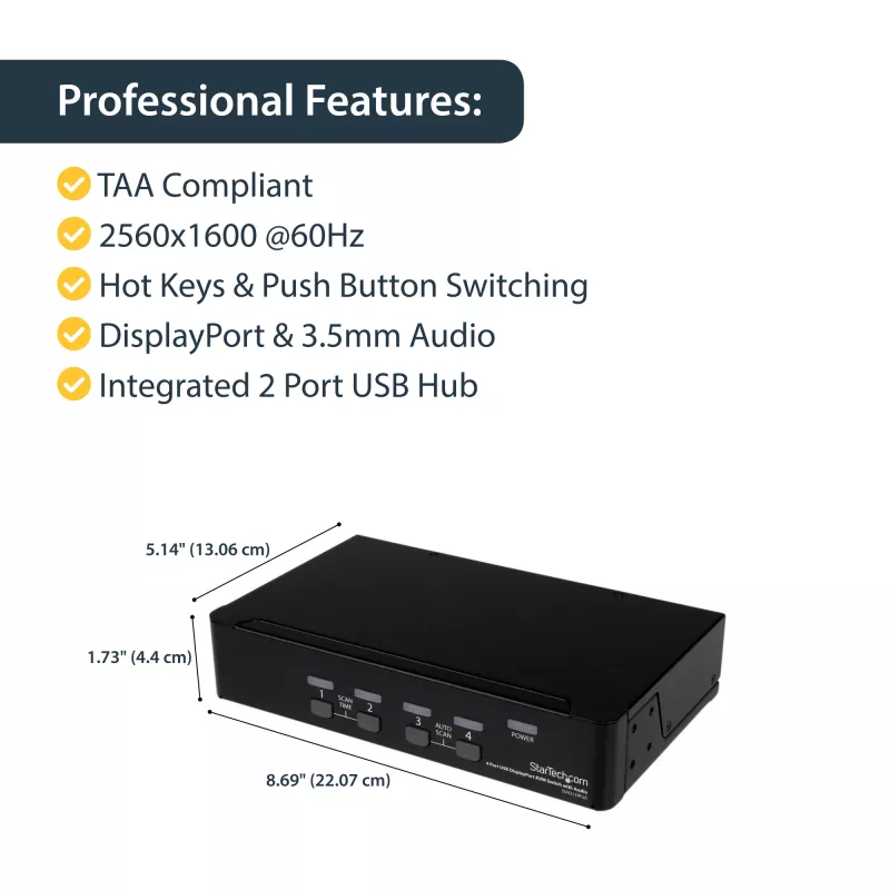 Przełącznik KVM StarTech.com 4-portowy USB DisplayPort z audio, 3840 x 2400 pikseli, czarny