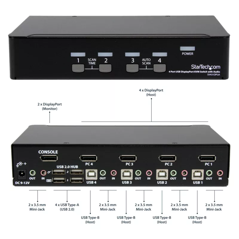 Przełącznik KVM StarTech.com 4-portowy USB DisplayPort z audio, 3840 x 2400 pikseli, czarny
