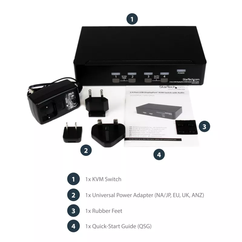 Przełącznik KVM StarTech.com 4-portowy USB DisplayPort z audio, 3840 x 2400 pikseli, czarny