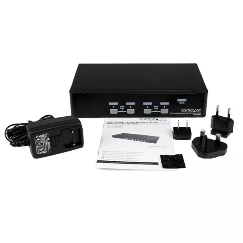 StarTech.com 4-portowy przełącznik KVM USB do montażu w szafie rack 1U z OSD, 1920 x 1440 pikseli, montaż w szafie rack, 5,4 W, 1U, czarny