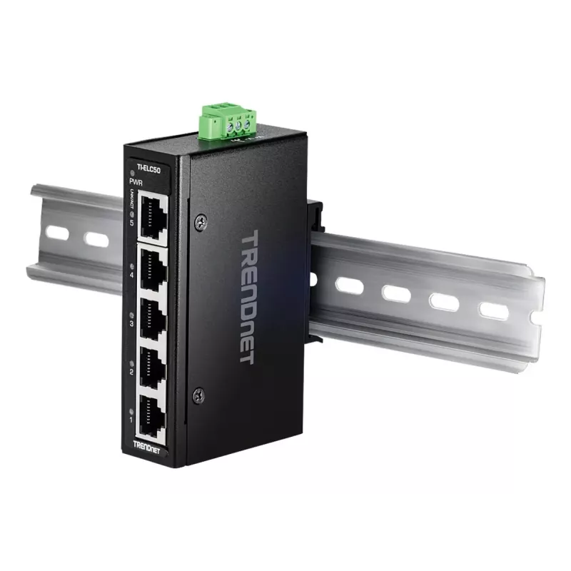 Przełącznik sieciowy TRENDnet TI-ELC50 Niezarządzalny 5-portowy Fast Ethernet (10/100), 9.6–60V, montaż na ścianie/szynie DIN