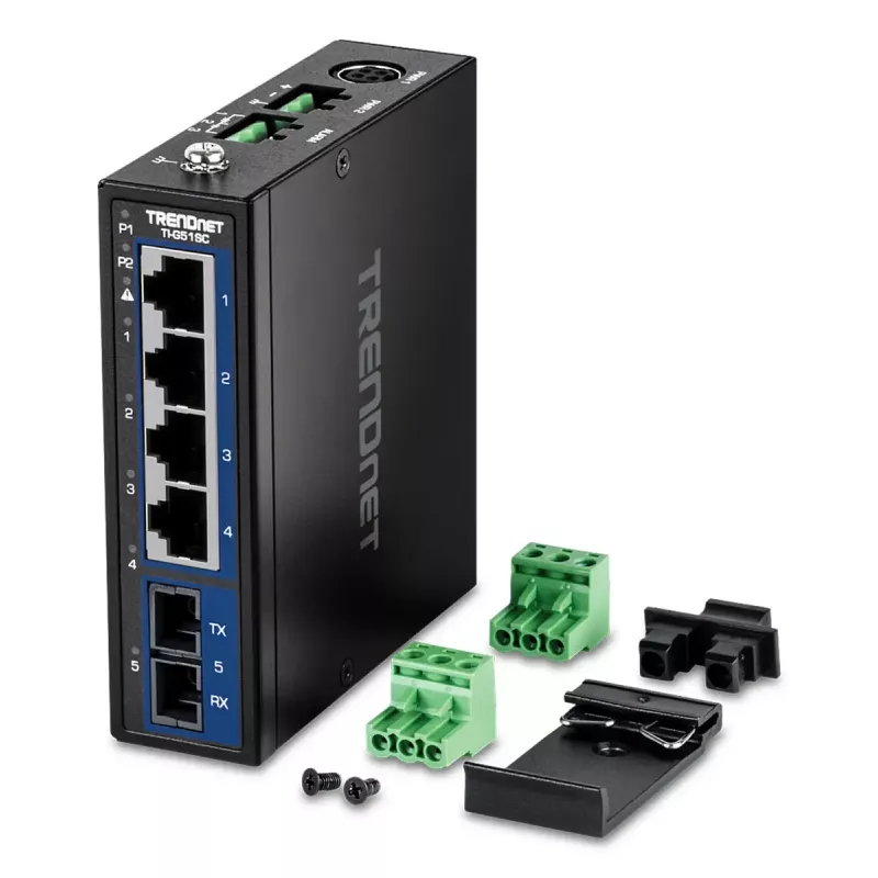 Niezarządzalny przełącznik Gigabit Ethernet TRENDnet TI-G51SC, 4x RJ-45 10/100/1000, przepustowość 10 Gbit/s, 2000 MAC, 9–60 V, montaż naścienny