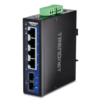 Niezarządzalny przełącznik Gigabit Ethernet TRENDnet TI-G51SC, 4x RJ-45 10/100/1000, przepustowość 10 Gbit/s, 2000 MAC, 9–60 V, montaż naścienny