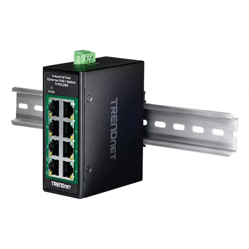 Niezarządzalny przełącznik Fast Ethernet PoE TRENDnet TI-PELC80 — 8x 10/100 Mbps RJ-45, IEEE 802.3af/at, 48–56 V DC, montaż naścienny