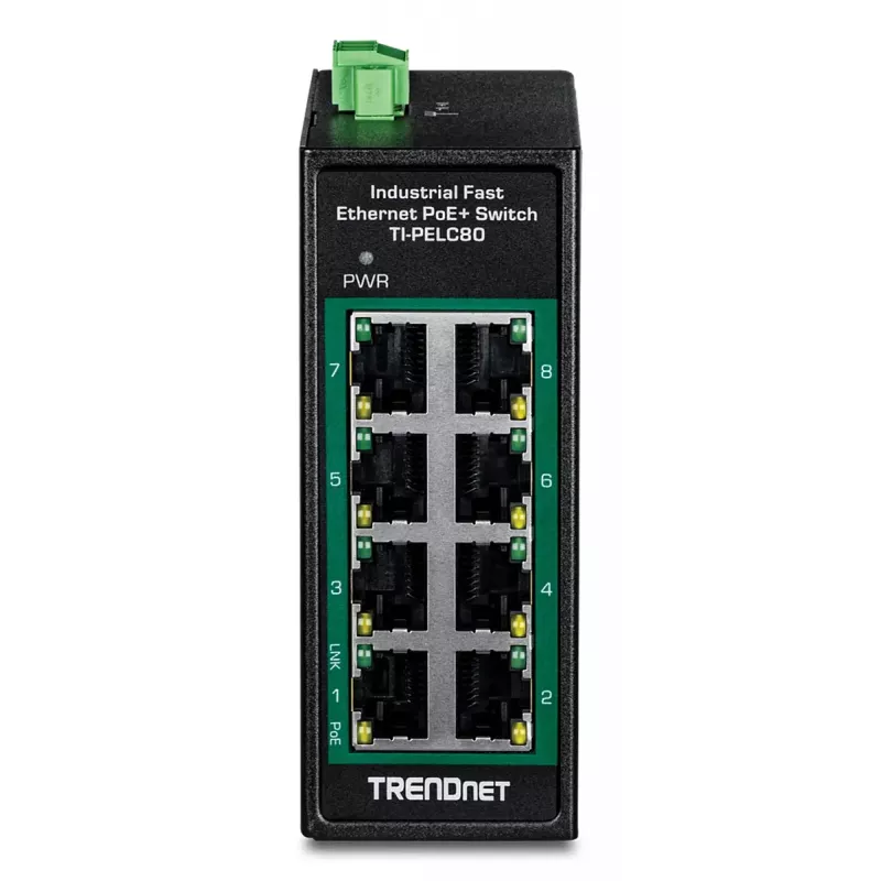 Niezarządzalny przełącznik Fast Ethernet PoE TRENDnet TI-PELC80 — 8x 10/100 Mbps RJ-45, IEEE 802.3af/at, 48–56 V DC, montaż naścienny