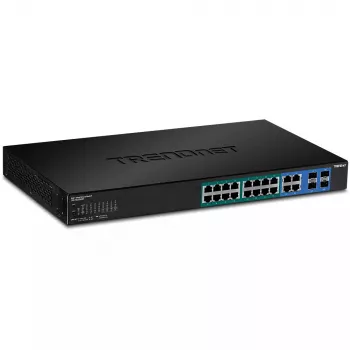 Przełącznik zarządzalny Trendnet TPE-1620WSF to przełącznik L2/L3 Gigabit Ethernet z 20 portami, obsługujący Power over Ethernet (PoE). Oferuje przepustowość przełączania 40 Gbps i budżet PoE 370 W.