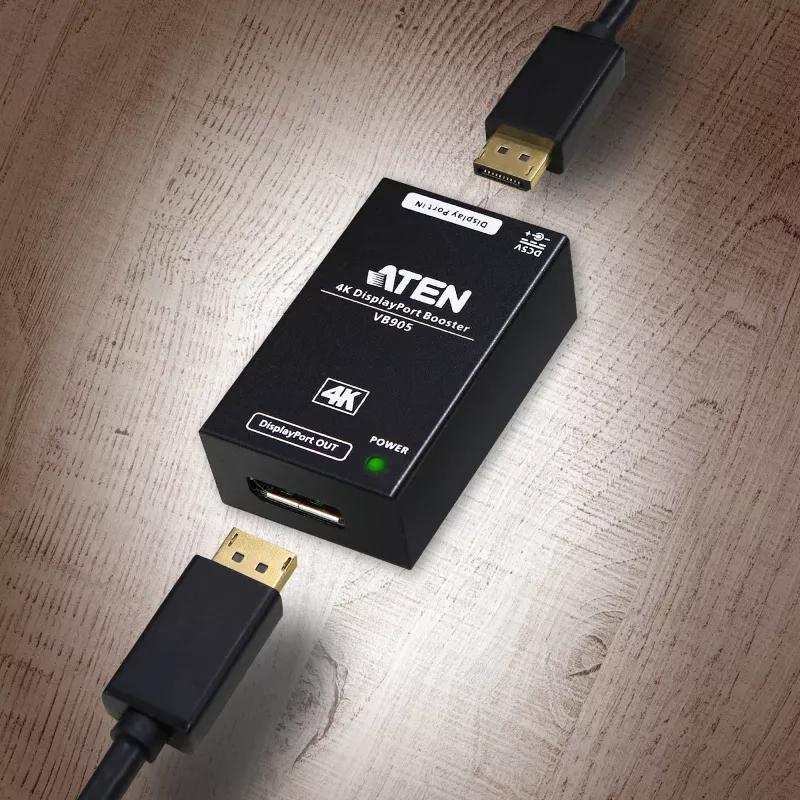 Wzmacniacz AV ATEN 4K Display Port Booster VB905-AT-G — 4K (4096×2160), przewodowy, zasięg 20 m, 5 V/2,6 A, czarny