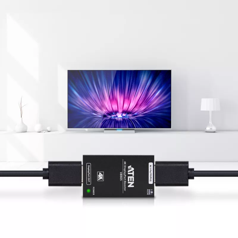 Wzmacniacz AV ATEN 4K Display Port Booster VB905-AT-G — 4K (4096×2160), przewodowy, zasięg 20 m, 5 V/2,6 A, czarny