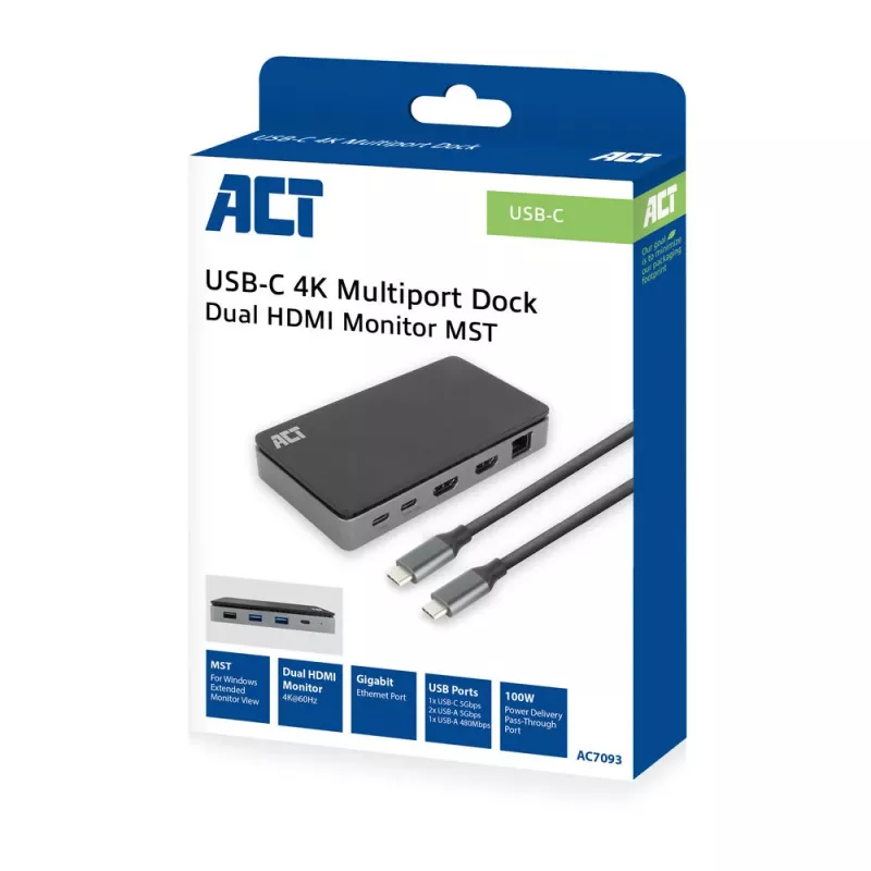 Stacja dokująca ACT USB-C 4K MST do 2 monitorów HDMI, Ethernet, USB-C, 3x USB-A, PD pass-through i odłączany kabel połączeniowy o długości 1 metra