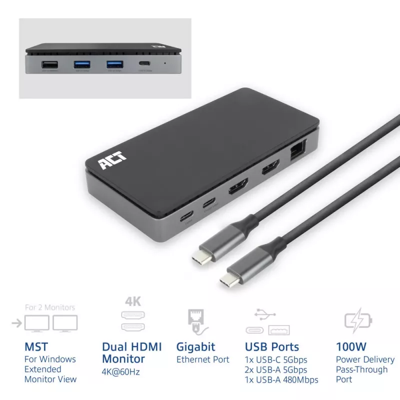 Stacja dokująca ACT USB-C 4K MST do 2 monitorów HDMI, Ethernet, USB-C, 3x USB-A, PD pass-through i odłączany kabel połączeniowy o długości 1 metra