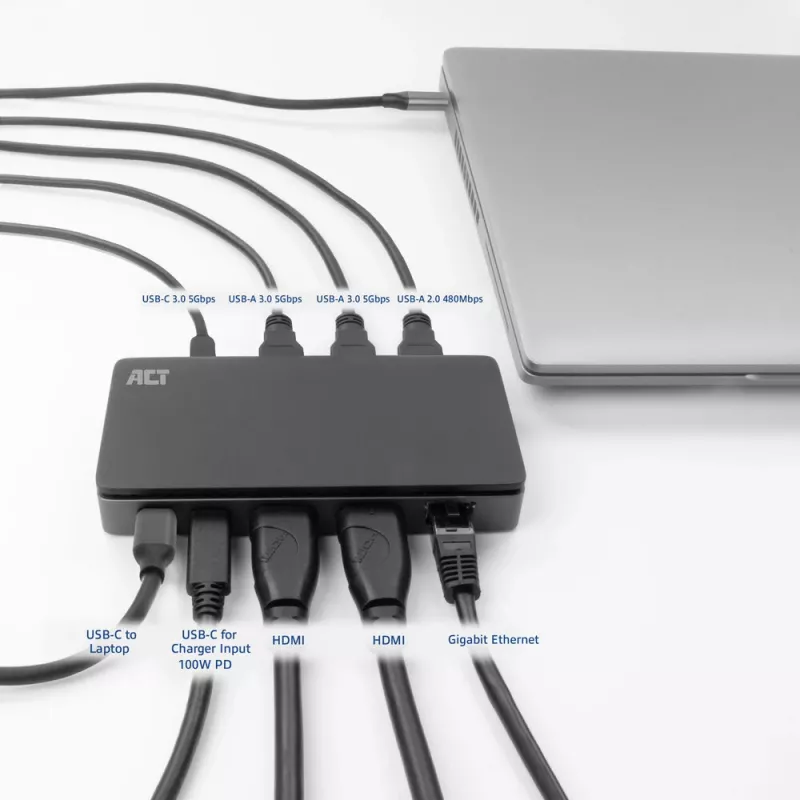 Stacja dokująca ACT USB-C 4K MST do 2 monitorów HDMI, Ethernet, USB-C, 3x USB-A, PD pass-through i odłączany kabel połączeniowy o długości 1 metra