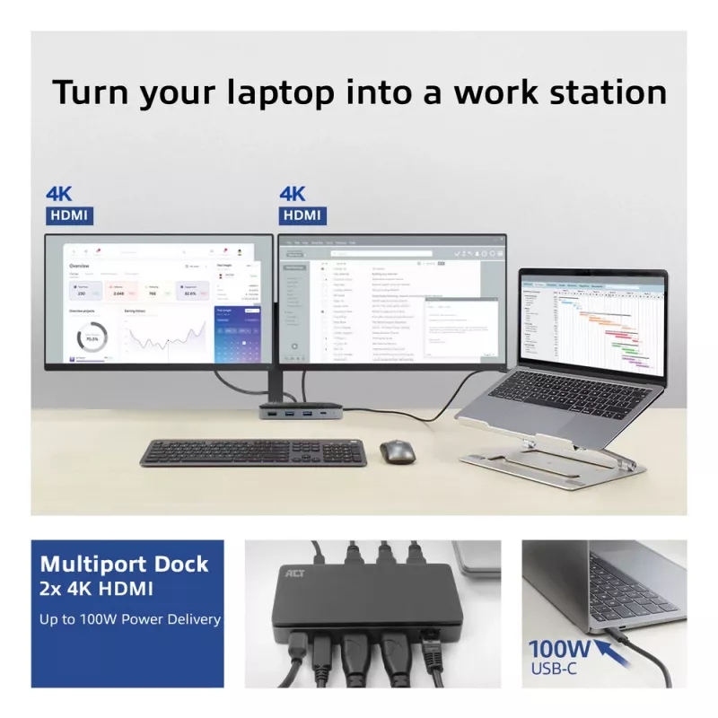 Stacja dokująca ACT USB-C 4K MST do 2 monitorów HDMI, Ethernet, USB-C, 3x USB-A, PD pass-through i odłączany kabel połączeniowy o długości 1 metra