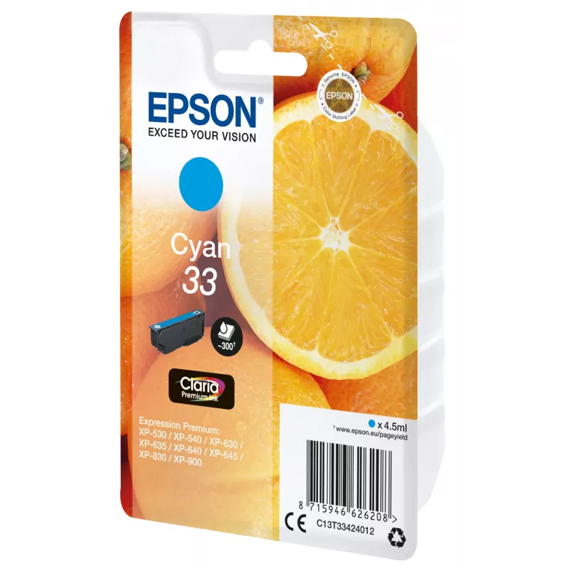 Epson pomarańczowys Singlepack cyjan 33 Claria Premium Ink, cyjan, 4.5 ml, 1 szt., 300 stron
