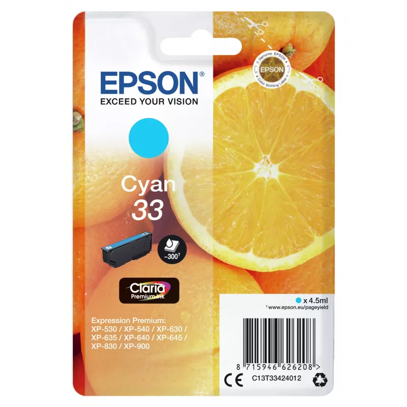 Epson pomarańczowys Singlepack cyjan 33 Claria Premium Ink, cyjan, 4.5 ml, 1 szt., 300 stron