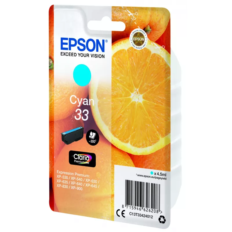 Epson pomarańczowys Singlepack cyjan 33 Claria Premium Ink, cyjan, 4.5 ml, 1 szt., 300 stron