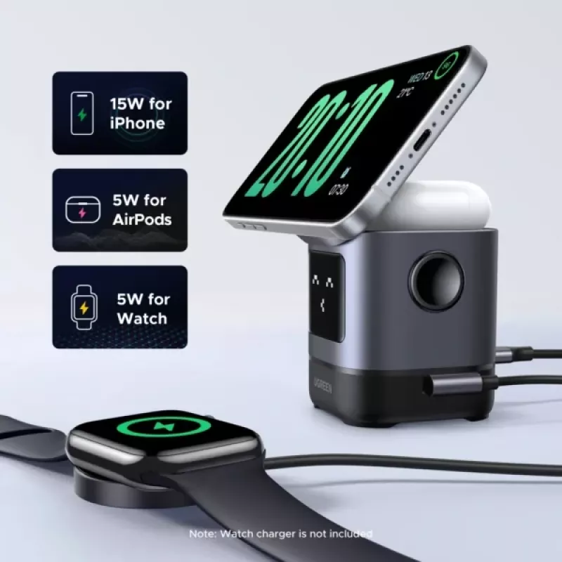 Ładowarka UGREEN 45775 — wewnętrzna bezprzewodowa szybka ładowarka AC, uniwersalna, 1× USB-C, czarna/szara
