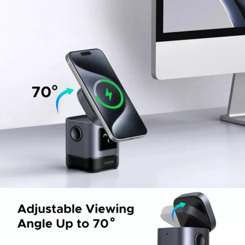 Ładowarka UGREEN 45775 — wewnętrzna bezprzewodowa szybka ładowarka AC, uniwersalna, 1× USB-C, czarna/szara
