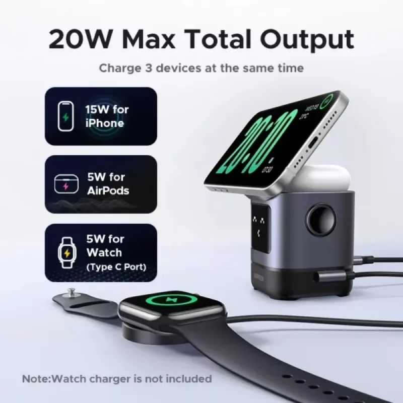 Ładowarka UGREEN 45775 — wewnętrzna bezprzewodowa szybka ładowarka AC, uniwersalna, 1× USB-C, czarna/szara