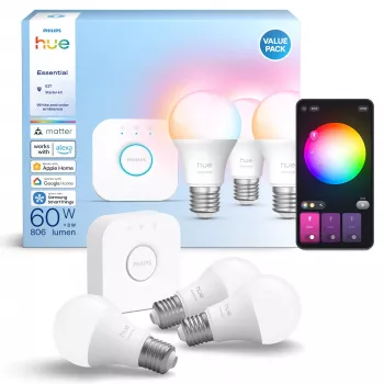 Zestaw oświetlenia inteligentnego Philips Hue White and colour ambience Essential — 3× żarówki E27, 806 lm, 8 W, Bluetooth/Zigbee