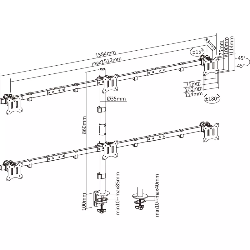 Uchwyt biurkowy InLine dla 6 wyświetlaczy TV / LED / TFT do 81 cm 32 cali maks. 7 kg czarny