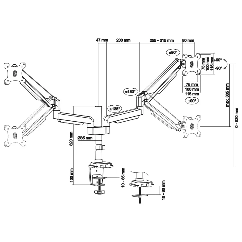 Uchwyt biurkowy InLine z podnośnikiem, do dwóch monitorów do 82 cm (32 cale), 9 kg