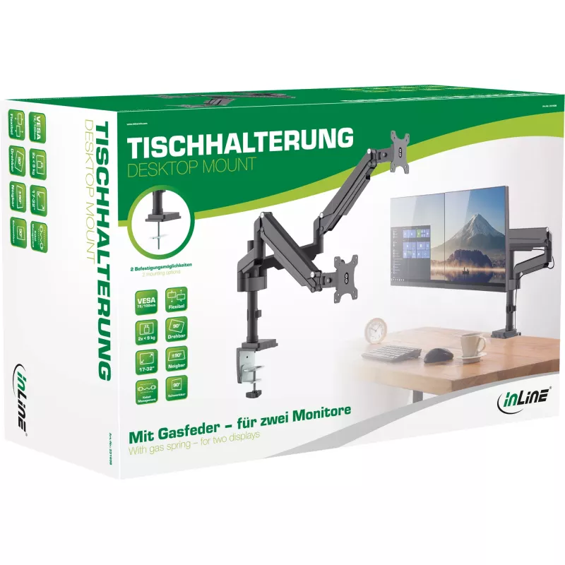 Uchwyt biurkowy InLine z podnośnikiem, do dwóch monitorów do 82 cm (32 cale), 9 kg