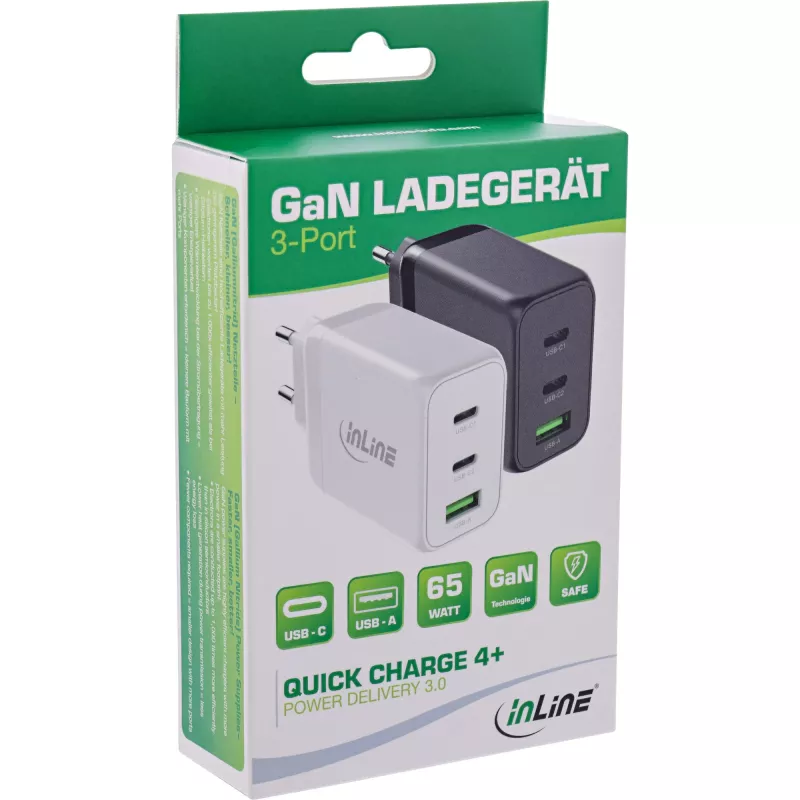 InLine mobile device charger 31506E — Uniwersalna szybka ładowarka sieciowa do użytku wewnętrznego, 100–240 V, do 20 V / 5 A, 1x USB-A, 2x USB-C, biała