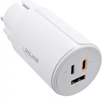 InLine USB PD zasilacz, ładowarka GaN, 3-portowa, podwójna USB-C + USB-A, 65 W, biała