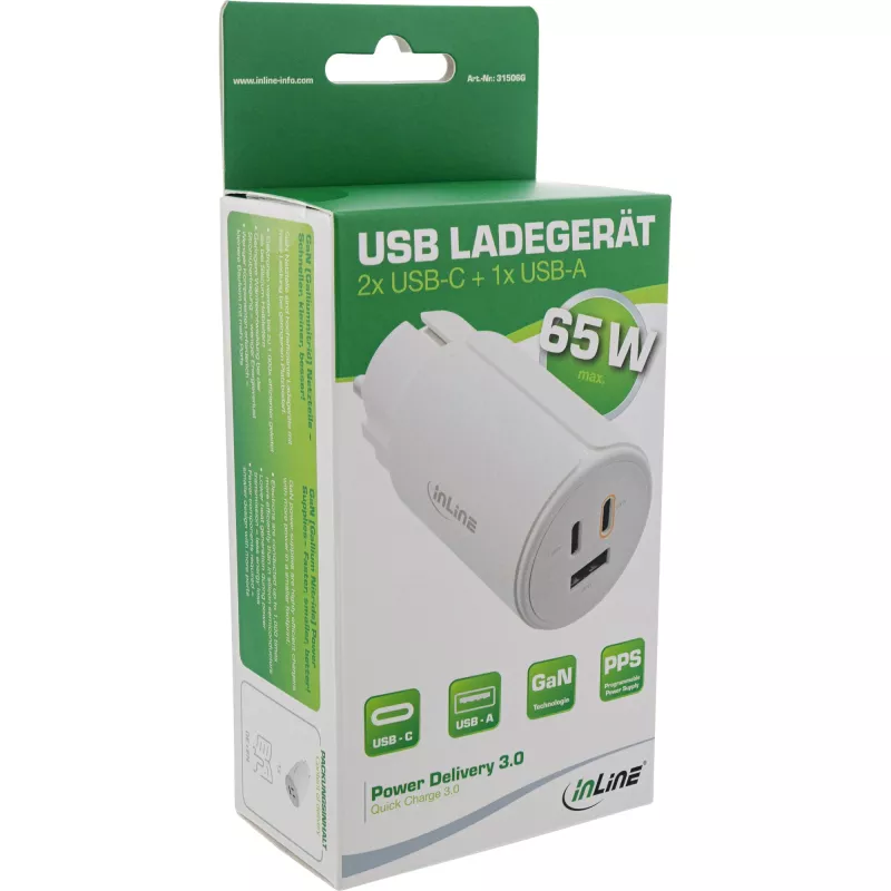 InLine USB PD zasilacz, ładowarka GaN, 3-portowa, podwójna USB-C + USB-A, 65 W, biała