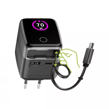 Zasilacz USB InLine, 70W, GaN, USB-C PD + USB-A QC, kabel 60cm, czarny