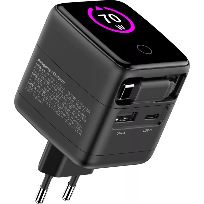 Zasilacz USB InLine, 70W, GaN, USB-C PD + USB-A QC, kabel 60cm, czarny
