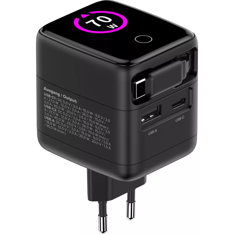 Zasilacz USB InLine, 70W, GaN, USB-C PD + USB-A QC, kabel 60cm, czarny