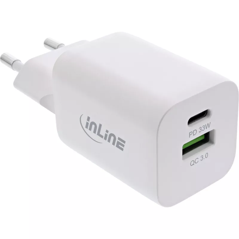 InLine zasilacz USB, ładowarka USB-A + USB-C, 33W, PD + QC, biały