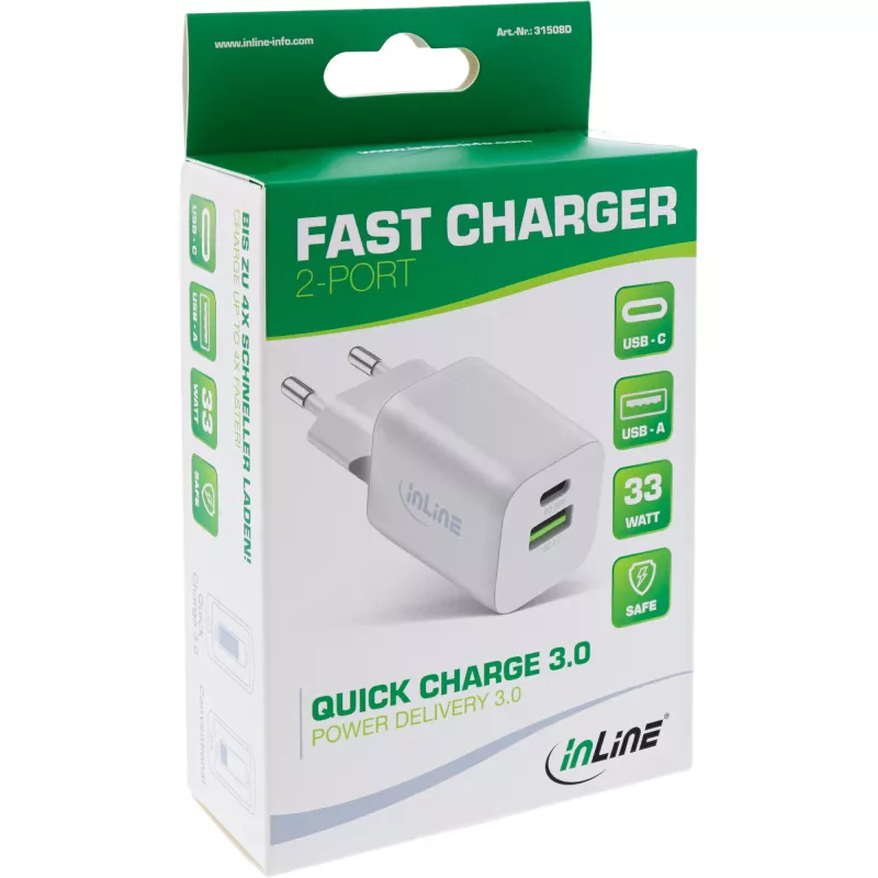 InLine zasilacz USB, ładowarka USB-A + USB-C, 33W, PD + QC, biały