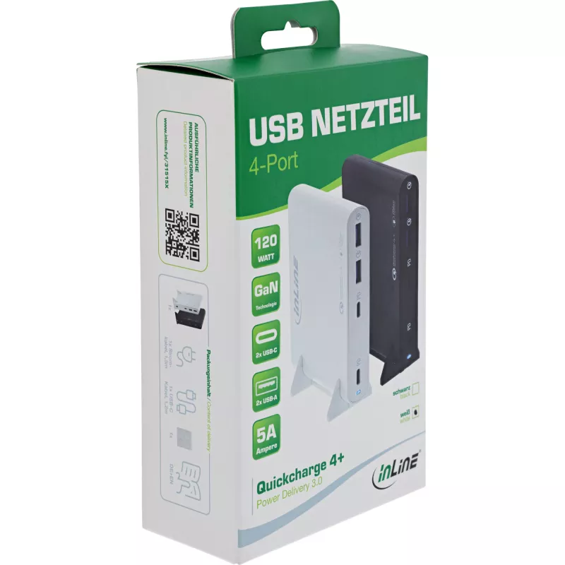 InLine zasilacz USB, ładowarka GaN, 4-portowa, 2x USB-C + 2x USB-A, 120W, biały