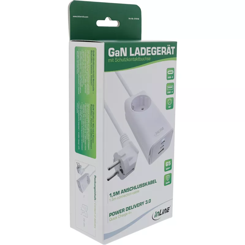 InLine zasilacz USB, ładowarka GaN, 2x USB-C, 1x USB-A, PD 3.0, gniazdo bezpieczeństwa