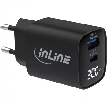 Zasilacz USB PD InLine, ładowarka GaN, 2-portowa, USB-C + USB-A, 30 W, z wyświetlaczem