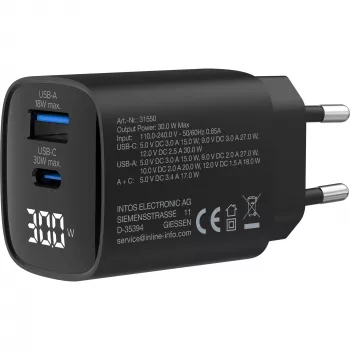 Zasilacz USB PD InLine, ładowarka GaN, 2-portowa, USB-C + USB-A, 30 W, z wyświetlaczem