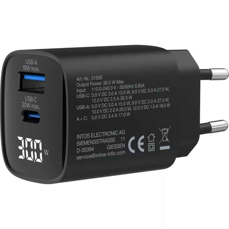 Zasilacz USB PD InLine, ładowarka GaN, 2-portowa, USB-C + USB-A, 30 W, z wyświetlaczem