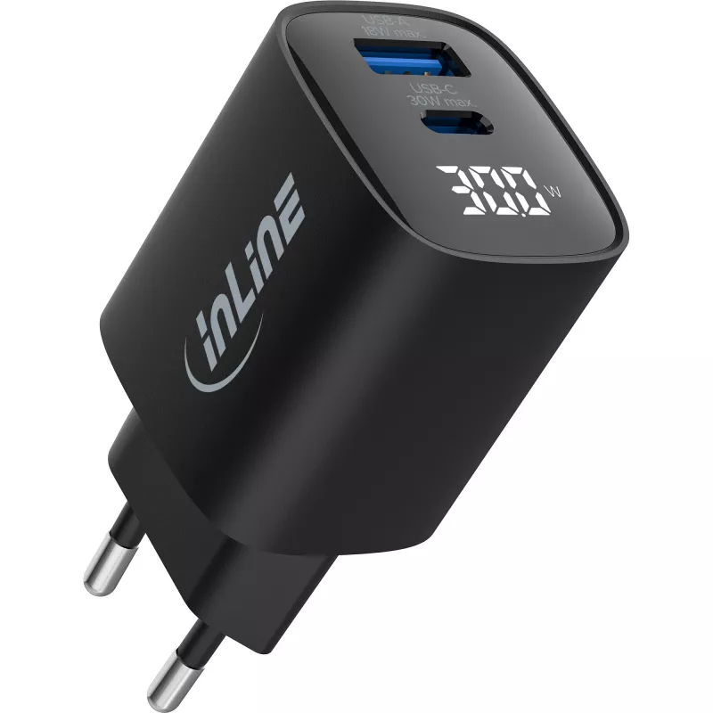 Zasilacz USB PD InLine, ładowarka GaN, 2-portowa, USB-C + USB-A, 30 W, z wyświetlaczem