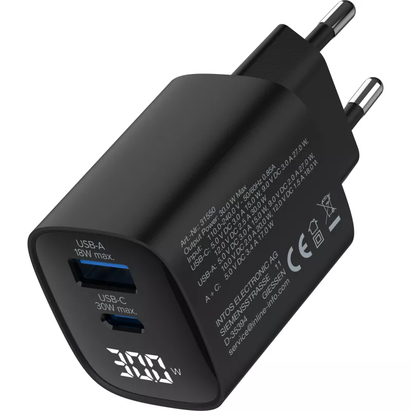 Zasilacz USB PD InLine, ładowarka GaN, 2-portowa, USB-C + USB-A, 30 W, z wyświetlaczem