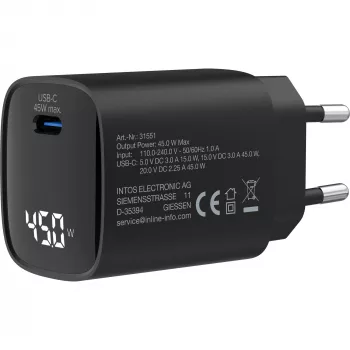 InLine USB PD zasilacz, ładowarka GaN, 1-port, USB-C, 45W, z wyświetlaczem